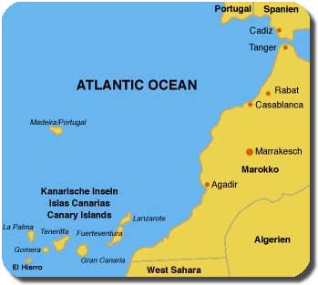 Kaart van de Atlantische Oceaan met de Canarische Eilanden, waaronder Fuerteventura